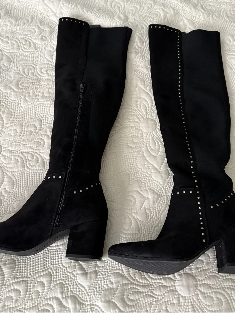 Black Studded Knee-High Heel Boots - Women